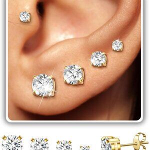 14K Gold Plated Hypoallergenic CZ Stud Earrings Set with 4 Sizes and Butterfly B
